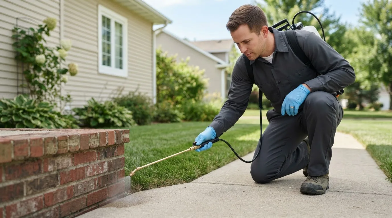 Pest control technician treating a home near Custar, OH